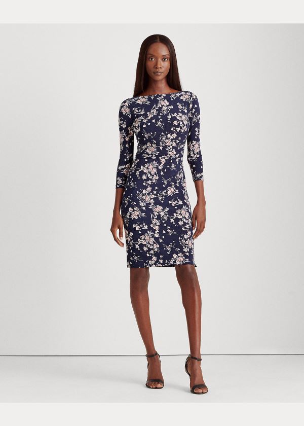 Sukienka Ralph Lauren Floral Ruched Jersey Dress Damskie Granatowe Kolorowe | RALP2674