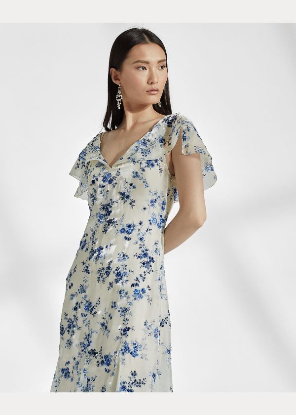 Sukienka Ralph Lauren Kegan Floral Evening Dress Damskie Niebieskie Białe | TSGH0441