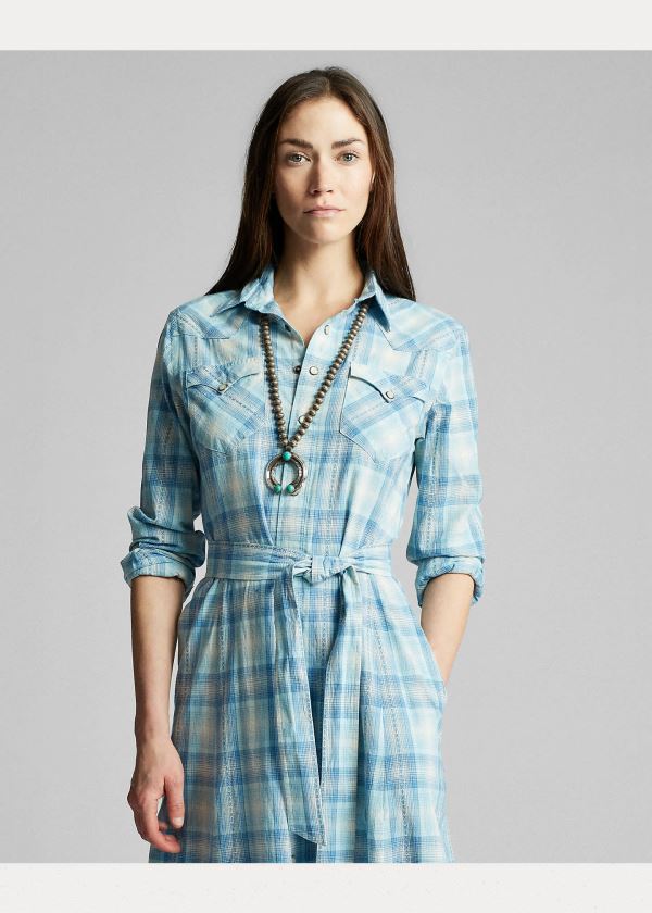 Sukienka Ralph Lauren Plaid Cotton Shirtdress Damskie Głęboka Niebieskie | QAJX9381