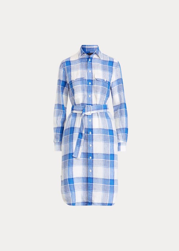 Sukienka Ralph Lauren Plaid Linen Shirtdress Damskie Białe Niebieskie Kolorowe | MPJW6514