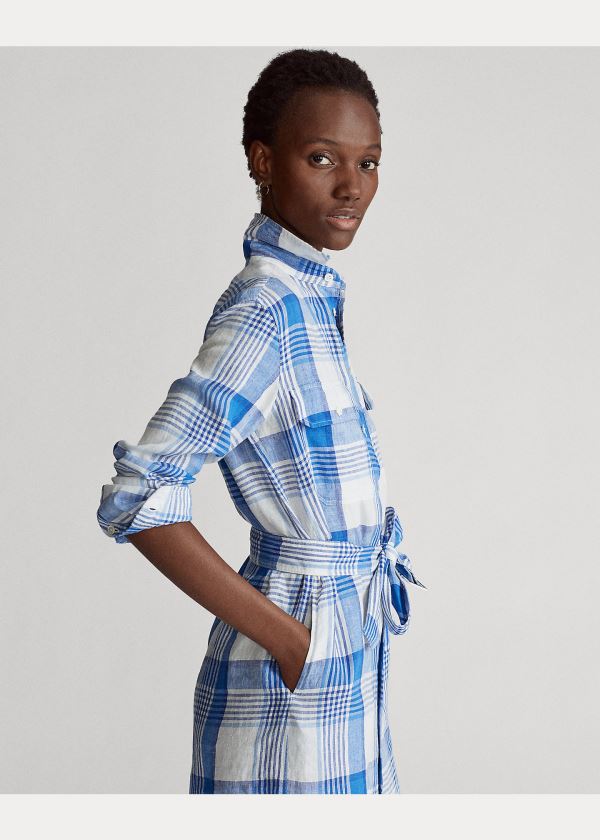 Sukienka Ralph Lauren Plaid Linen Shirtdress Damskie Białe Niebieskie Kolorowe | MPJW6514