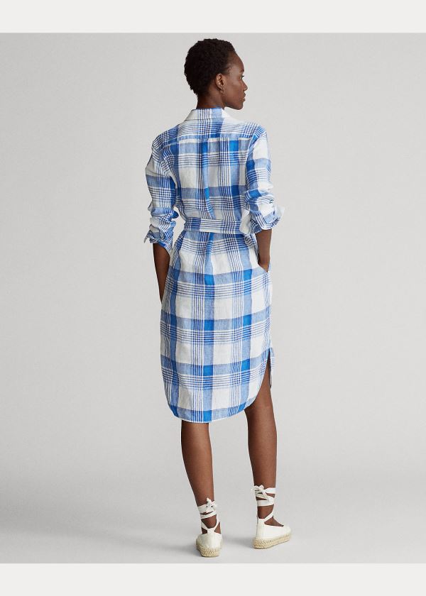 Sukienka Ralph Lauren Plaid Linen Shirtdress Damskie Białe Niebieskie Kolorowe | MPJW6514