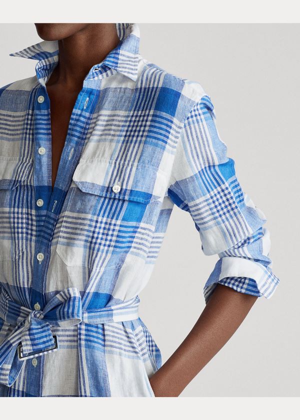 Sukienka Ralph Lauren Plaid Linen Shirtdress Damskie Białe Niebieskie Kolorowe | MPJW6514