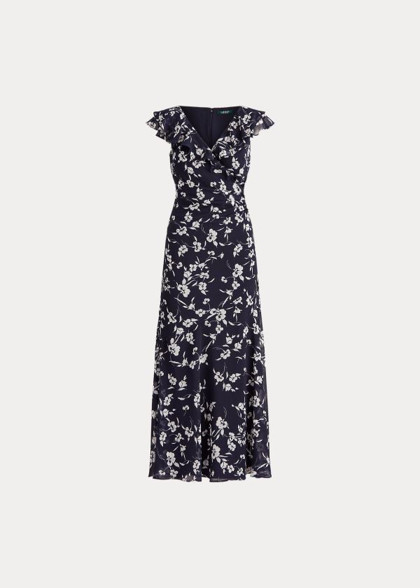 Sukienka Ralph Lauren Print Georgette Flounced Gown Damskie Granatowe Kolorowe | SSXF8343