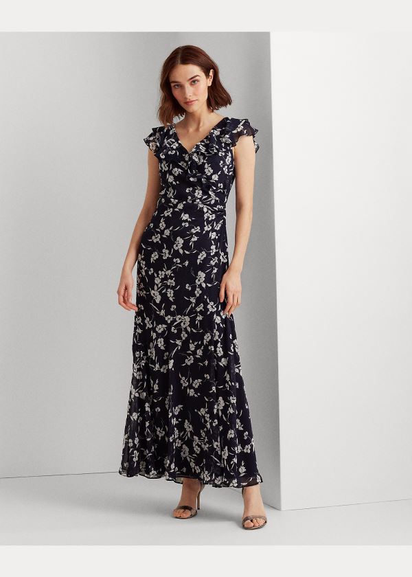 Sukienka Ralph Lauren Print Georgette Flounced Gown Damskie Granatowe Kolorowe | SSXF8343