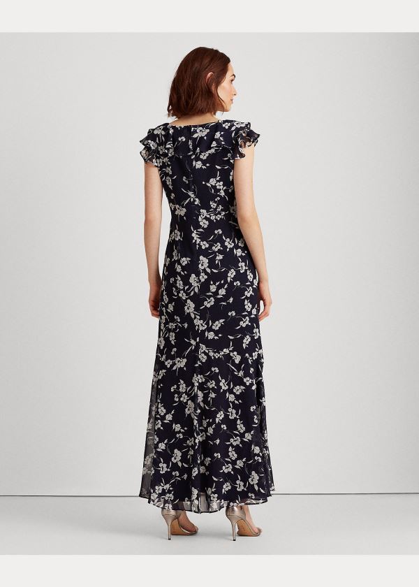 Sukienka Ralph Lauren Print Georgette Flounced Gown Damskie Granatowe Kolorowe | SSXF8343