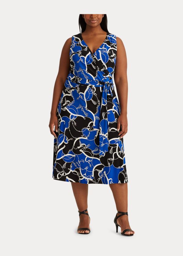 Sukienka Ralph Lauren Print Tie-Waist Midi Dress Damskie Czarne Niebieskie Białe | NXYW7305