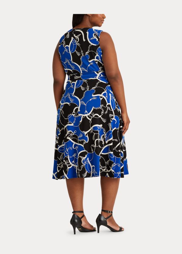 Sukienka Ralph Lauren Print Tie-Waist Midi Dress Damskie Czarne Niebieskie Białe | NXYW7305