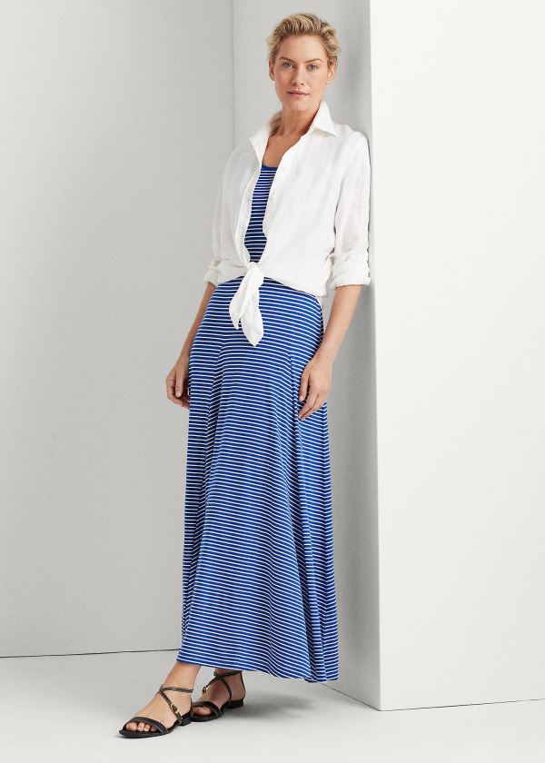 Sukienka Ralph Lauren Striped Cotton-Blend Maxidress Damskie Niebieskie Kremowe | TFUR9860