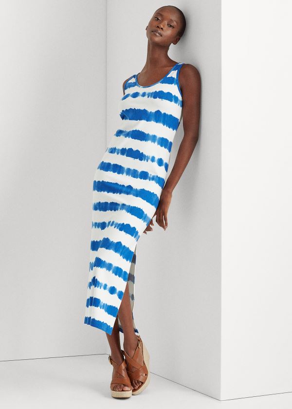 Sukienka Ralph Lauren Striped Cotton Maxidress Damskie Niebieskie Kolorowe | OYFP0388