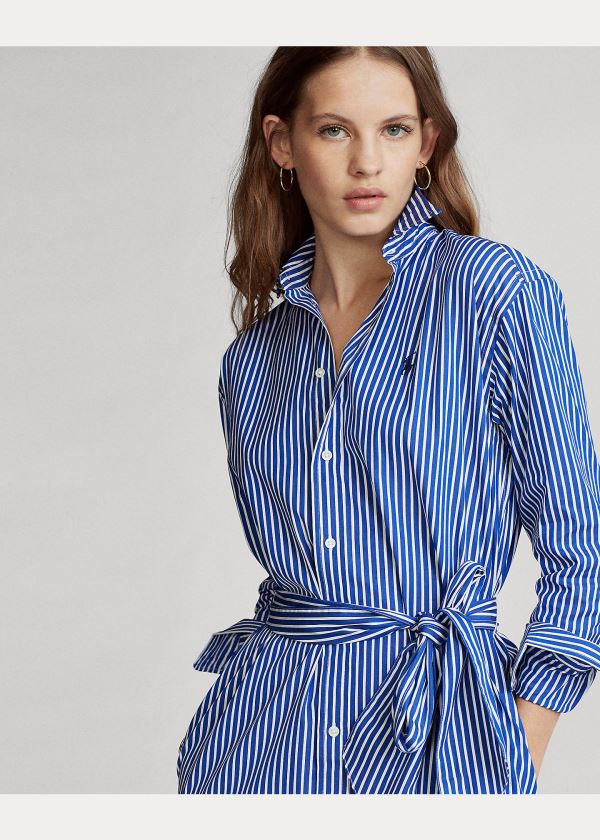 Sukienka Ralph Lauren Striped Cotton Shirtdress Damskie Niebieskie Białe | THJW9178