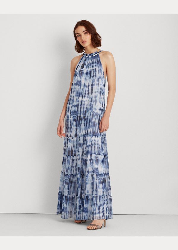 Sukienka Ralph Lauren Tie-Dye Georgette Maxidress Damskie Granatowe Niebieskie Kolorowe | MHHB8056