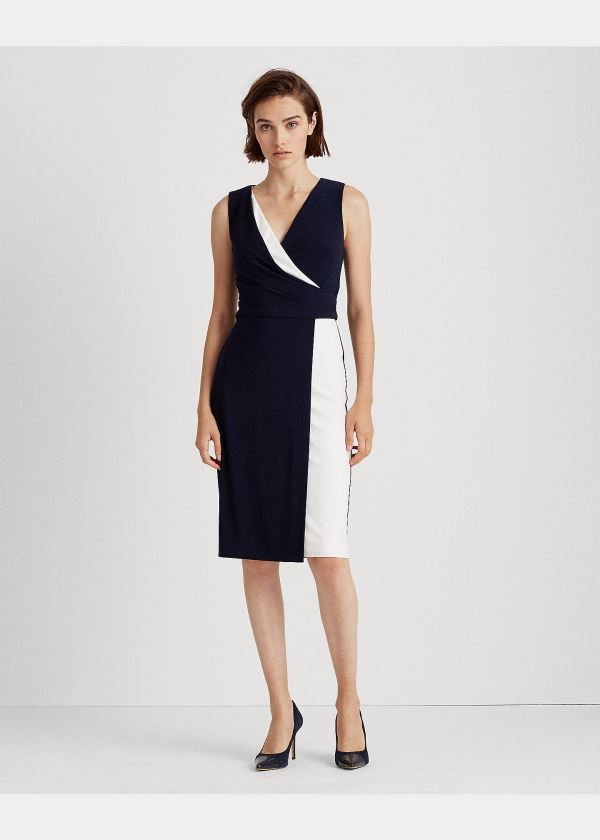 Sukienka Ralph Lauren Two-Tone Surplice Dress Damskie Głęboka Granatowe Białe | WKPB4355