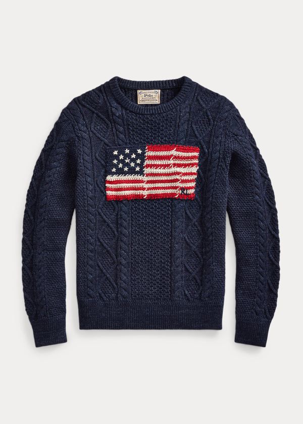 Swetry Ralph Lauren Aran Patchwork-Flag Sweater Męskie Granatowe | RSTF3659