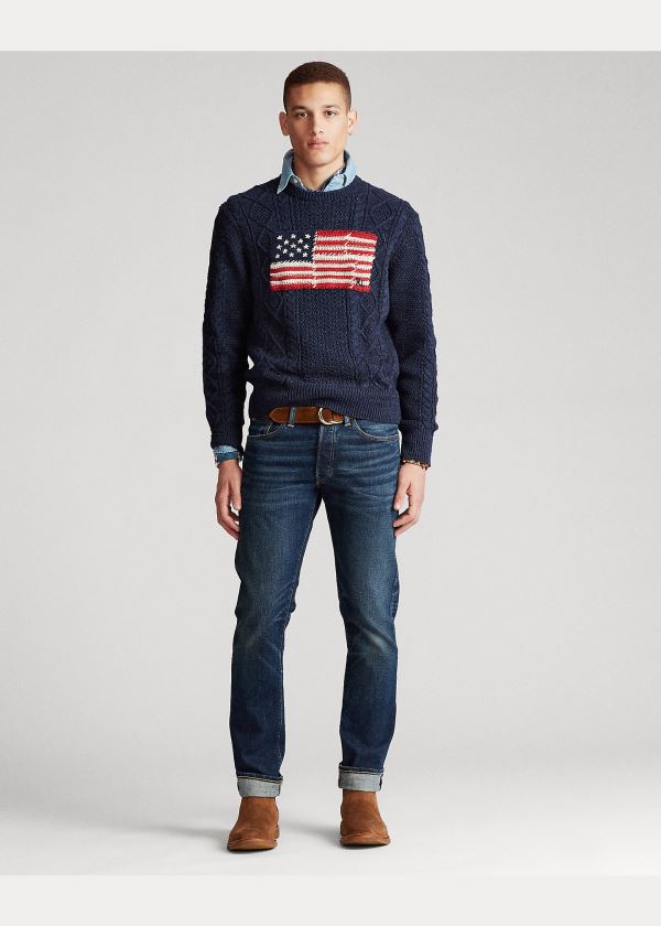 Swetry Ralph Lauren Aran Patchwork-Flag Sweater Męskie Granatowe | RSTF3659