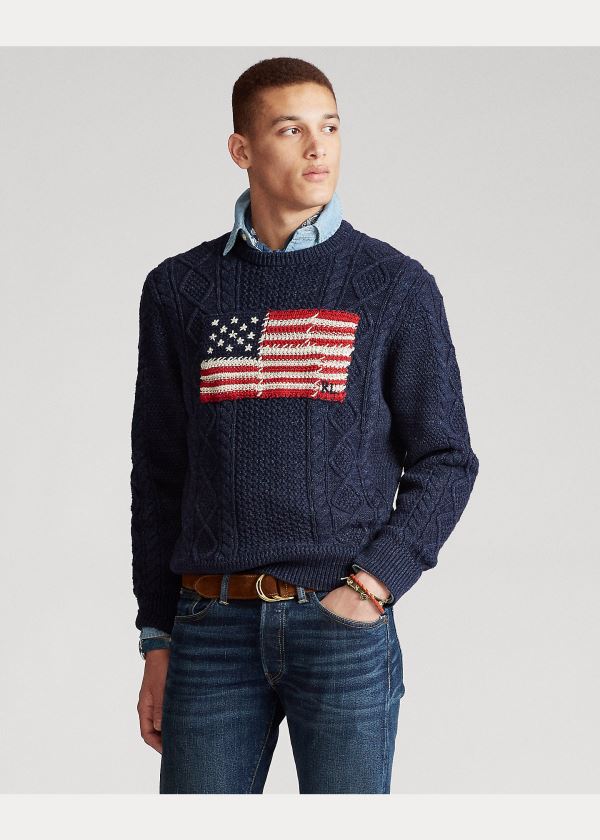 Swetry Ralph Lauren Aran Patchwork-Flag Sweater Męskie Granatowe | RSTF3659