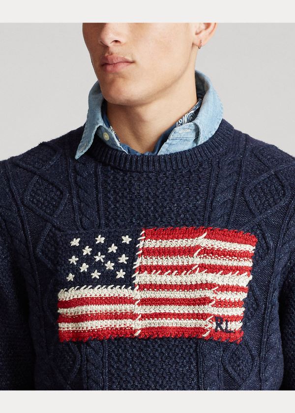 Swetry Ralph Lauren Aran Patchwork-Flag Sweater Męskie Granatowe | RSTF3659