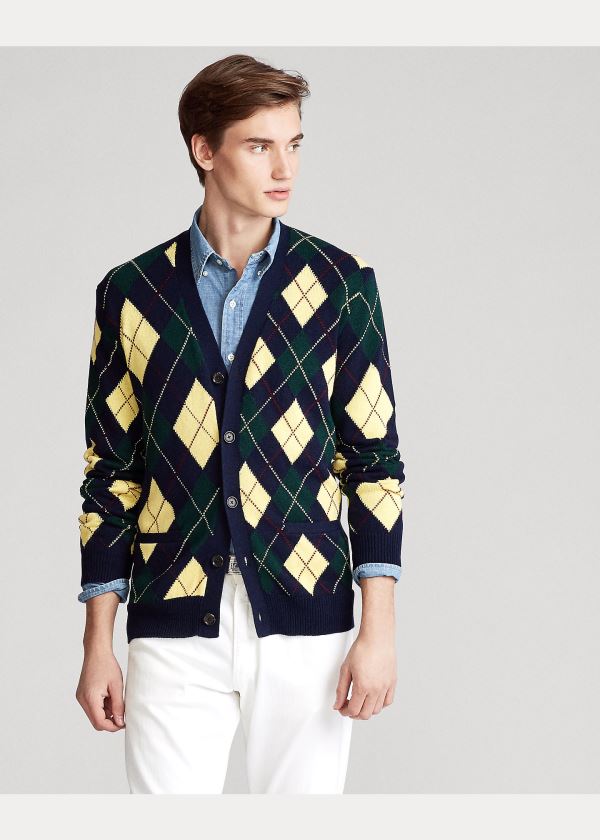 Swetry Ralph Lauren Argyle Cotton-Blend Cardigan Męskie Granatowe | TTIO7500