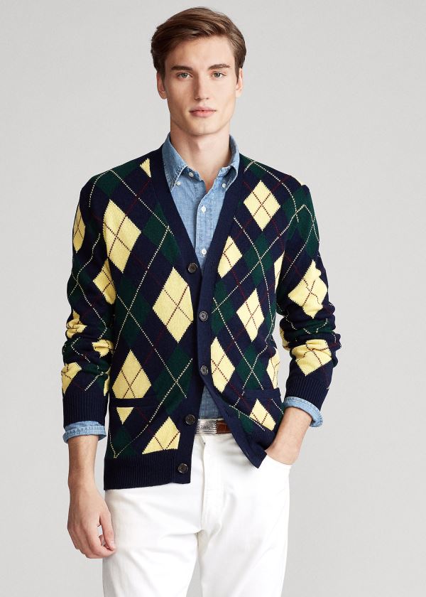 Swetry Ralph Lauren Argyle Cotton-Blend Cardigan Męskie Granatowe | TTIO7500