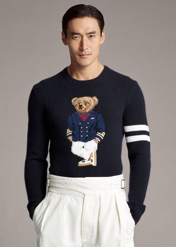 Swetry Ralph Lauren Bear Cashmere-Blend Sweater Męskie Granatowe Białe | GTHK8673