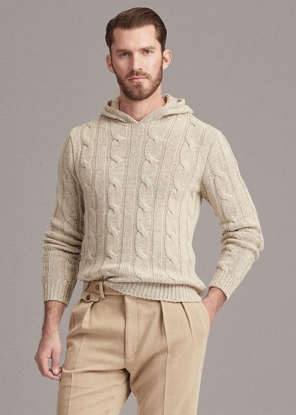 Swetry Ralph Lauren Cable-Knit Cashmere Hoodie Męskie Beżowe | AARK7660