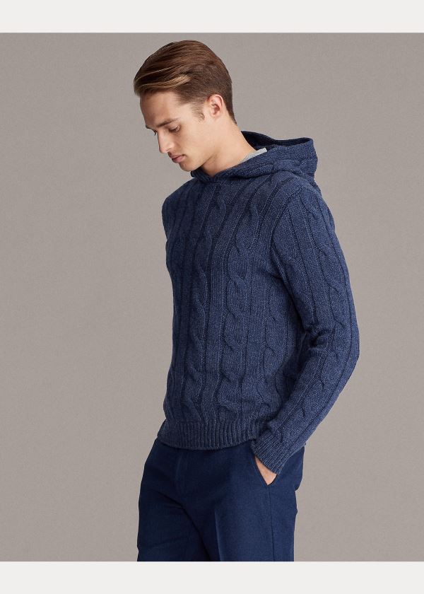 Swetry Ralph Lauren Cable-Knit Cashmere Hoodie Męskie Niebieskie | IZEY1500