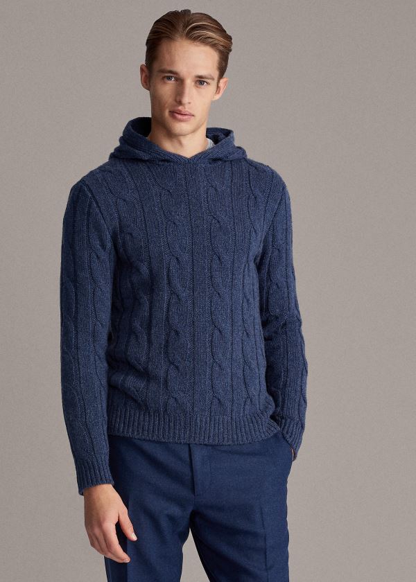 Swetry Ralph Lauren Cable-Knit Cashmere Hoodie Męskie Niebieskie | IZEY1500