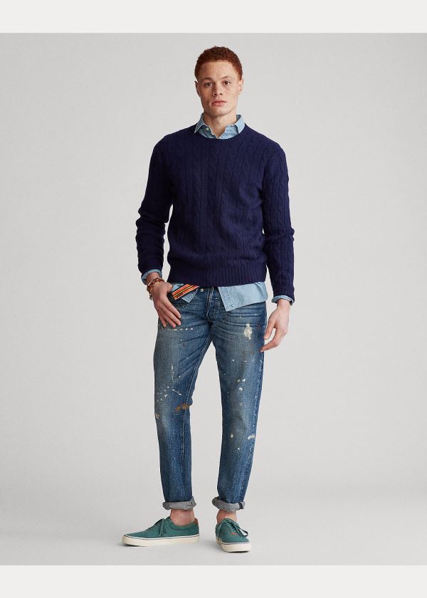 Swetry Ralph Lauren Cable-Knit Cashmere Sweater Męskie Głęboka Granatowe | APVY5289