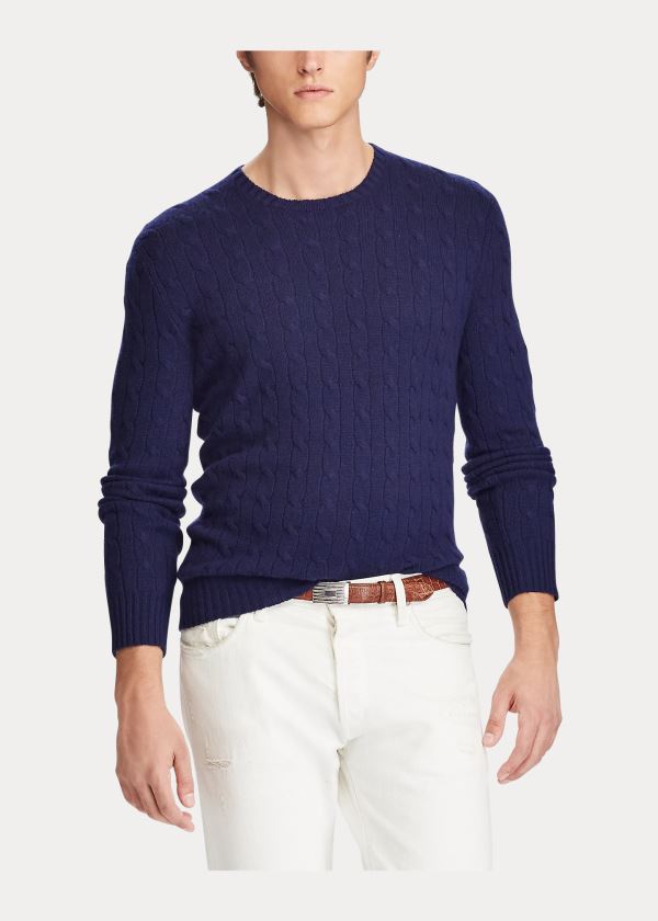 Swetry Ralph Lauren Cable-Knit Cashmere Sweater Męskie Głęboka Granatowe | INEG2072