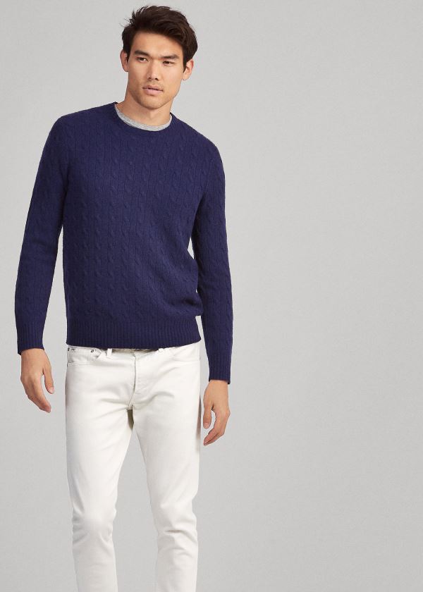 Swetry Ralph Lauren Cable-Knit Cashmere Sweater Męskie Głęboka Granatowe | INEG2072