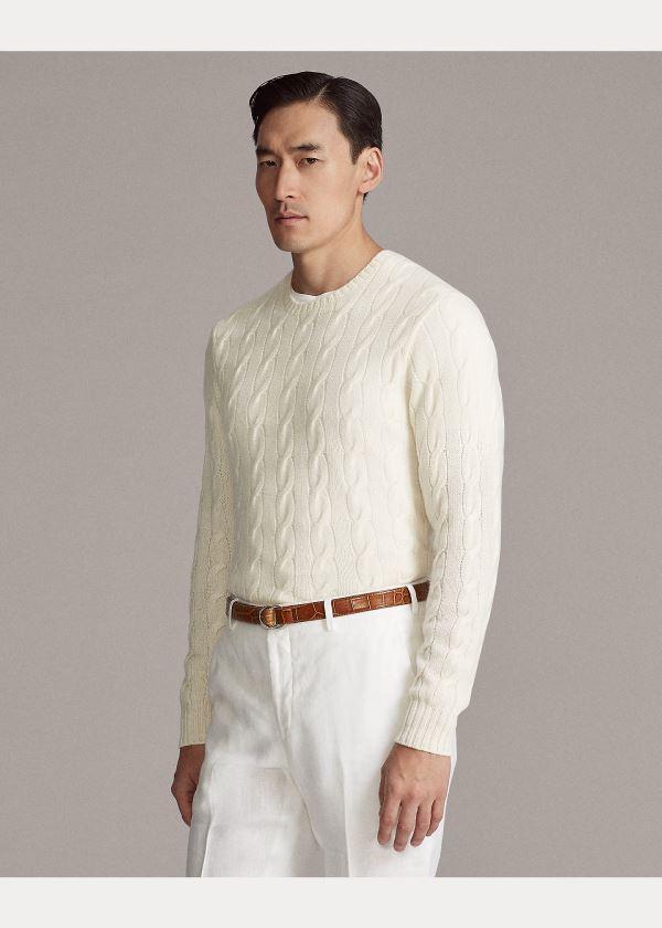 Swetry Ralph Lauren Cable-Knit Cashmere Sweater Męskie Kremowe | RQUI2117