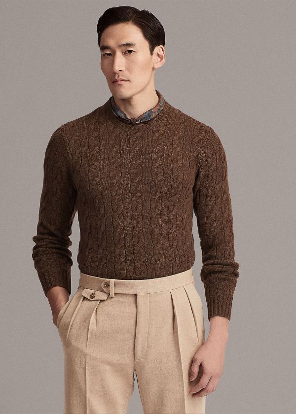 Swetry Ralph Lauren Cable-Knit Cashmere Sweater Męskie Brązowe | KOXK2322