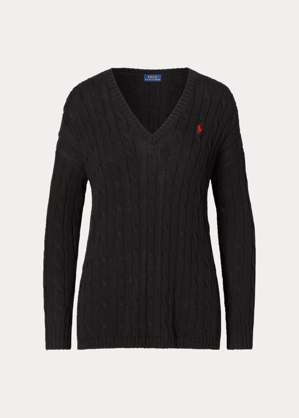 Swetry Ralph Lauren Cable-Knit Side-Slit Sweater Damskie Czarne | XFST9498