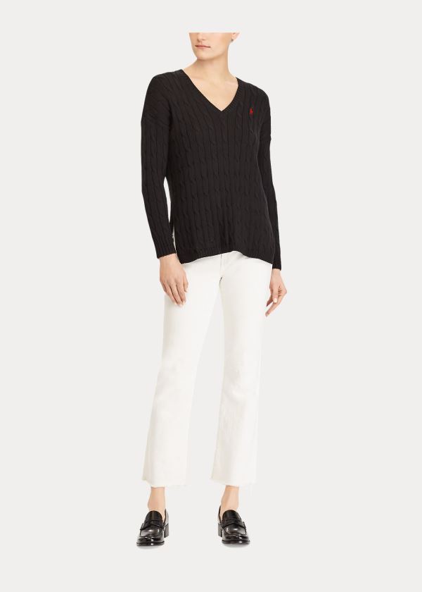 Swetry Ralph Lauren Cable-Knit Side-Slit Sweater Damskie Czarne | XFST9498