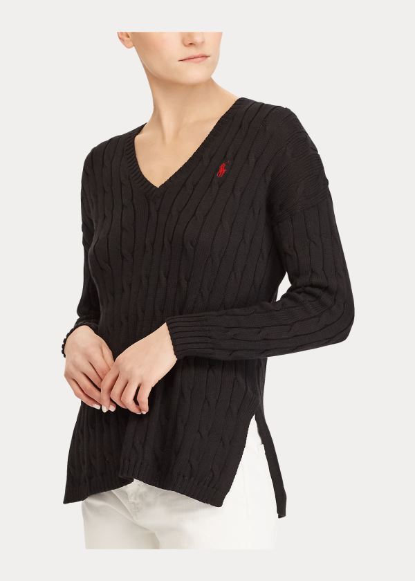 Swetry Ralph Lauren Cable-Knit Side-Slit Sweater Damskie Czarne | XFST9498