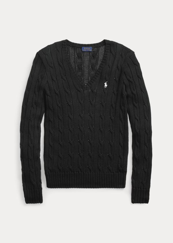 Swetry Ralph Lauren Cable-Knit V-Neck Sweater Damskie Czarne Białe | YTOP9742