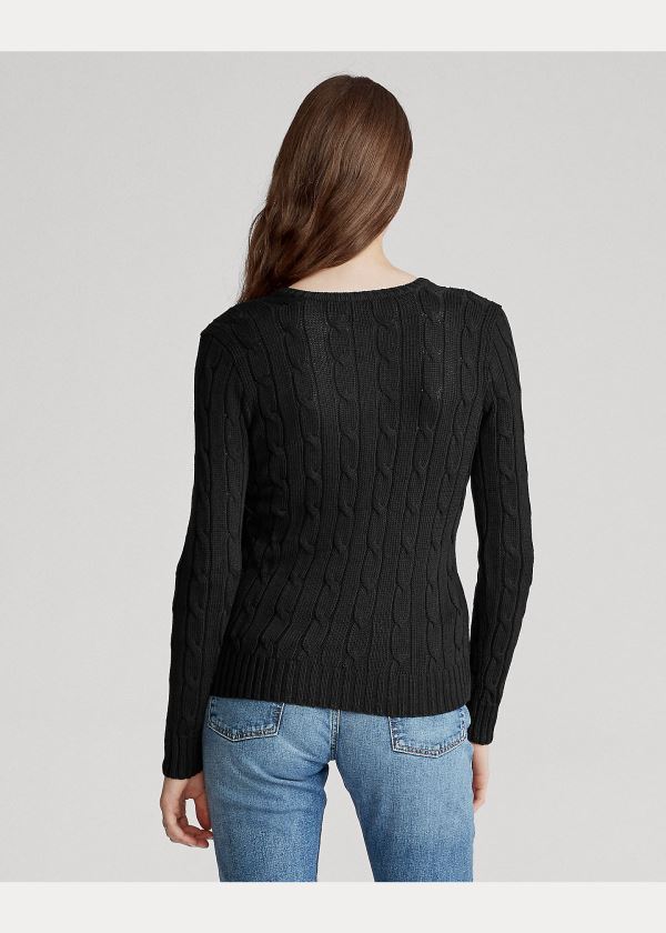 Swetry Ralph Lauren Cable-Knit V-Neck Sweater Damskie Czarne Białe | YTOP9742