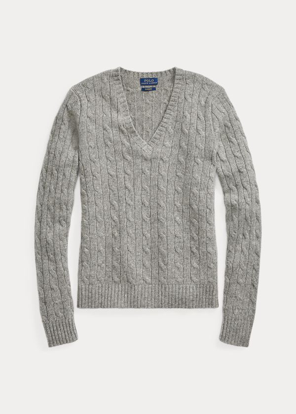 Swetry Ralph Lauren Cable Cashmere V-Neck Sweater Damskie Szare | CMUG2753