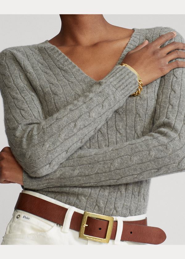 Swetry Ralph Lauren Cable Cashmere V-Neck Sweater Damskie Szare | CMUG2753