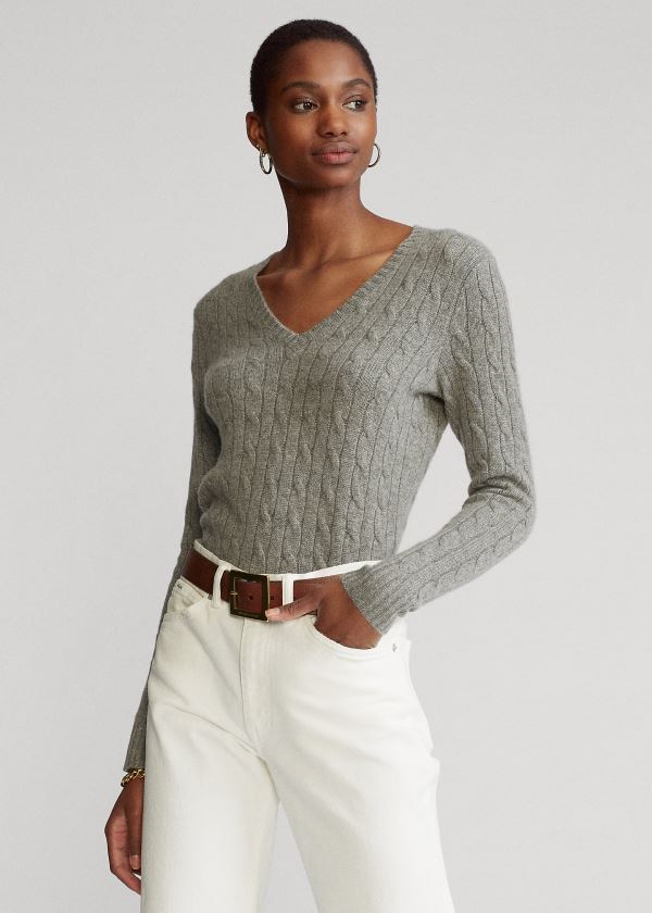 Swetry Ralph Lauren Cable Cashmere V-Neck Sweater Damskie Szare | CMUG2753