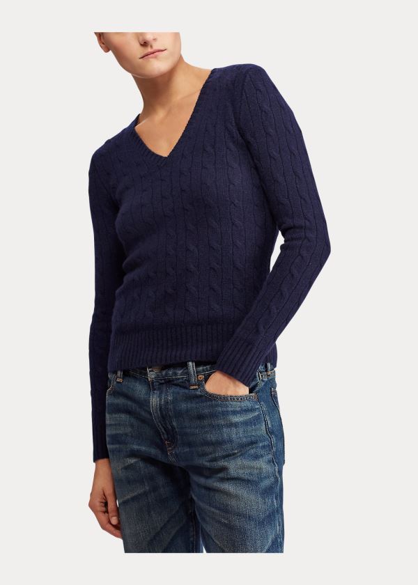 Swetry Ralph Lauren Cable Cashmere V-Neck Sweater Damskie Granatowe | RYFX9749