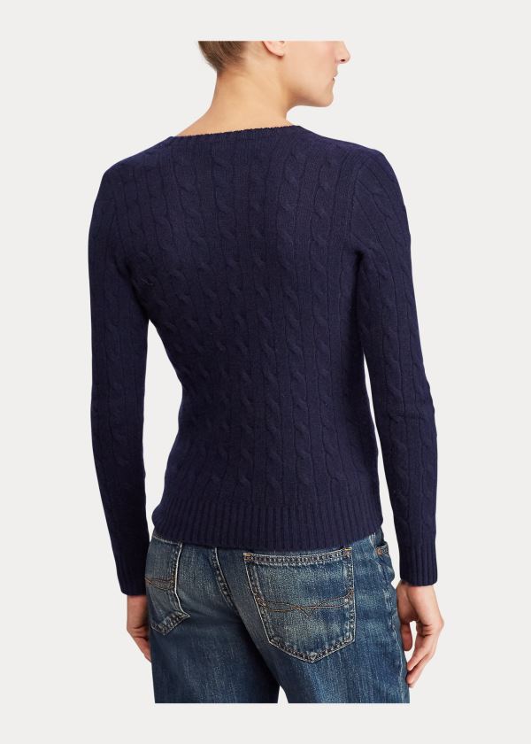 Swetry Ralph Lauren Cable Cashmere V-Neck Sweater Damskie Granatowe | RYFX9749