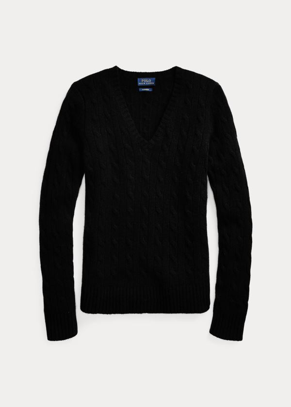 Swetry Ralph Lauren Cable Cashmere V-Neck Sweater Damskie Czarne | QXEI3734