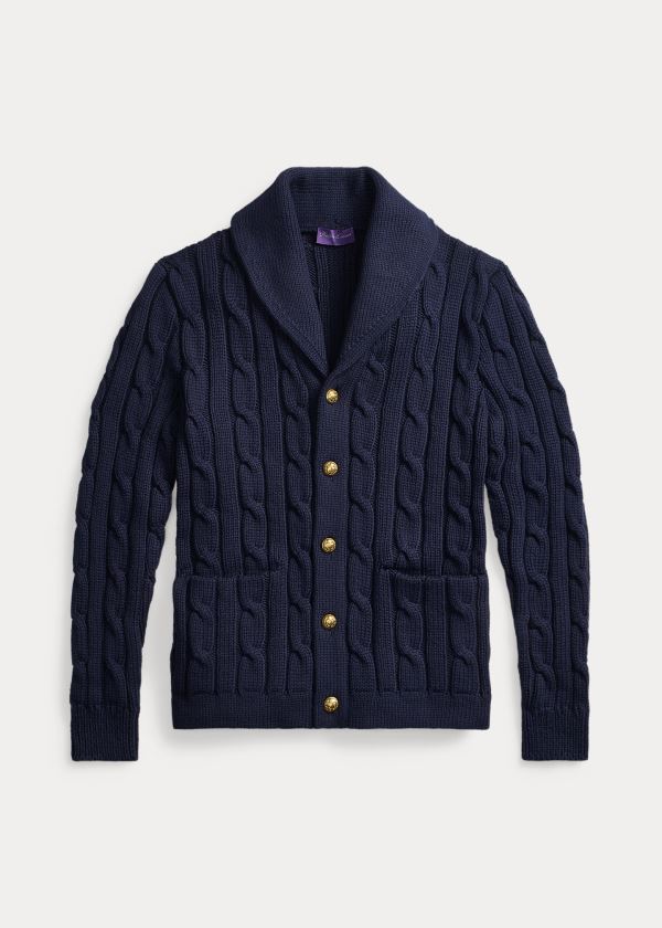 Swetry Ralph Lauren Cable Cotton-Blend Cardigan Męskie Granatowe | CBTJ4105