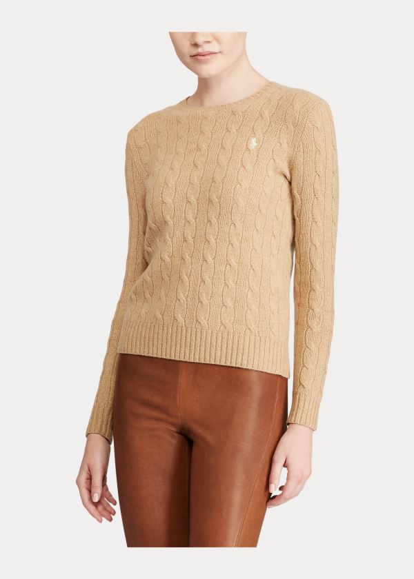 Swetry Ralph Lauren Cable Wool Crewneck Sweater Damskie Brązowe | EOMW1004