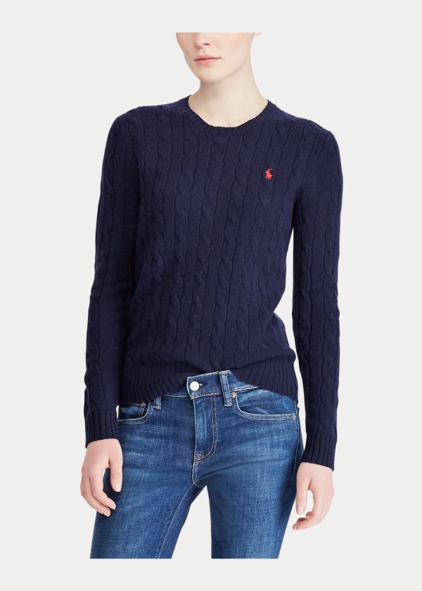 Swetry Ralph Lauren Cable Wool Crewneck Sweater Damskie Granatowe | KZTW2357