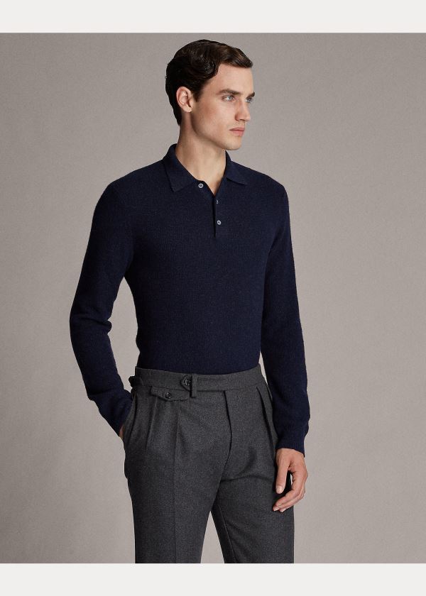 Swetry Ralph Lauren Cashmere Polo-Collar Sweater Męskie Granatowe | TWYK9001