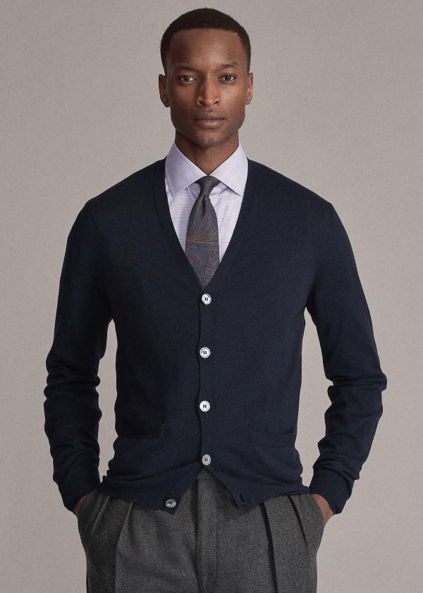 Swetry Ralph Lauren Cashmere V-Neck Cardigan Męskie Granatowe | WMRM0517