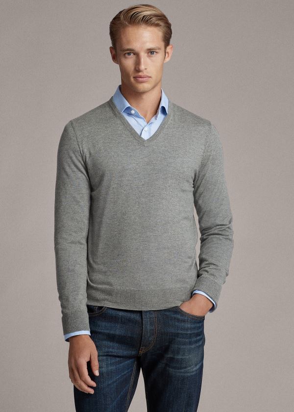 Swetry Ralph Lauren Cashmere V-Neck Sweater Męskie Głęboka Szare | BTYD3751