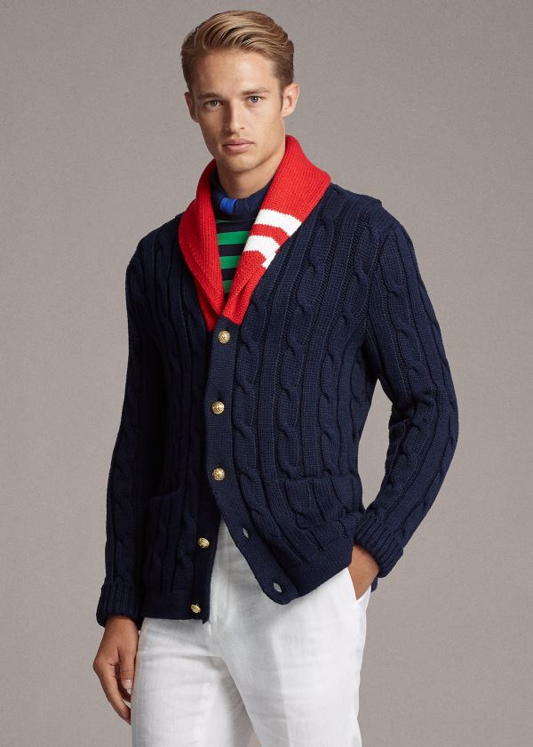 Swetry Ralph Lauren Cotton-Blend Shawl Cardigan Męskie Granatowe Czerwone | AWAX5794